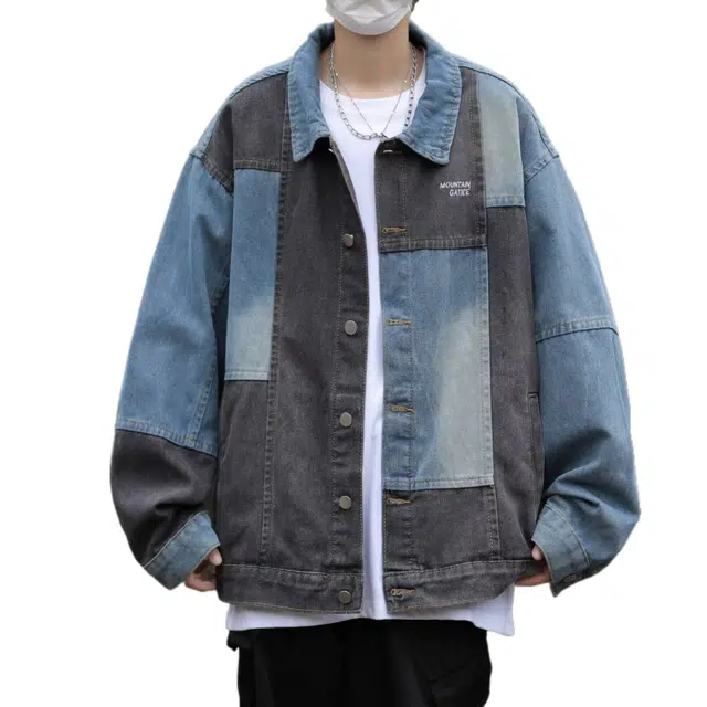 玉儿恋 拼色简约设计翻领舒适休闲宽松夹克外套 男款 蓝色