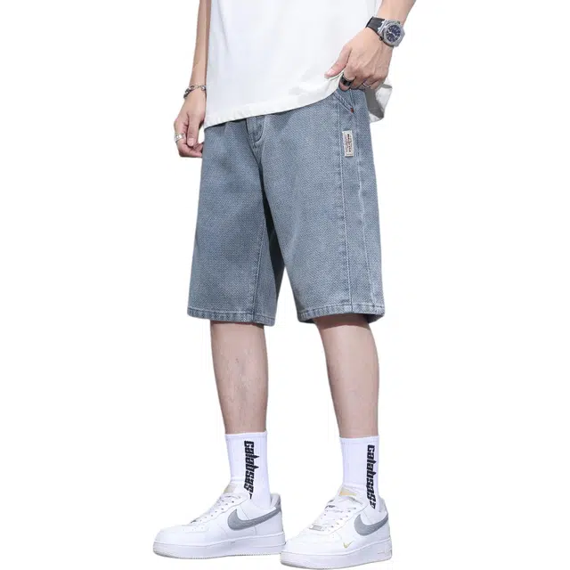 瑞梵帝斯 美式高街水洗做旧提花简约宽松直户外运动氛围感柔软舒适日筒显高休闲百搭松紧腰抽绳五分中腰牛仔短裤 男款