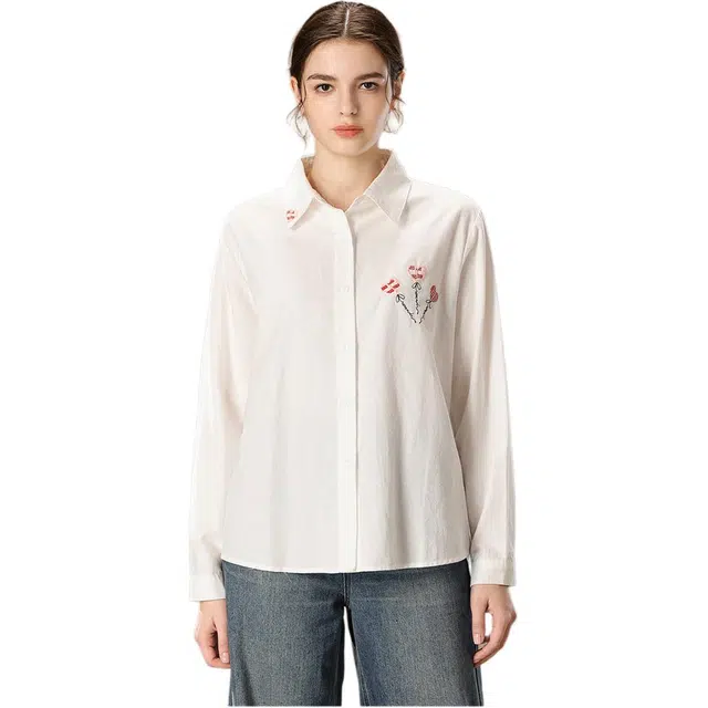 粉红玛琍 通勤宽松单排扣长袖衬衫 女款 白色