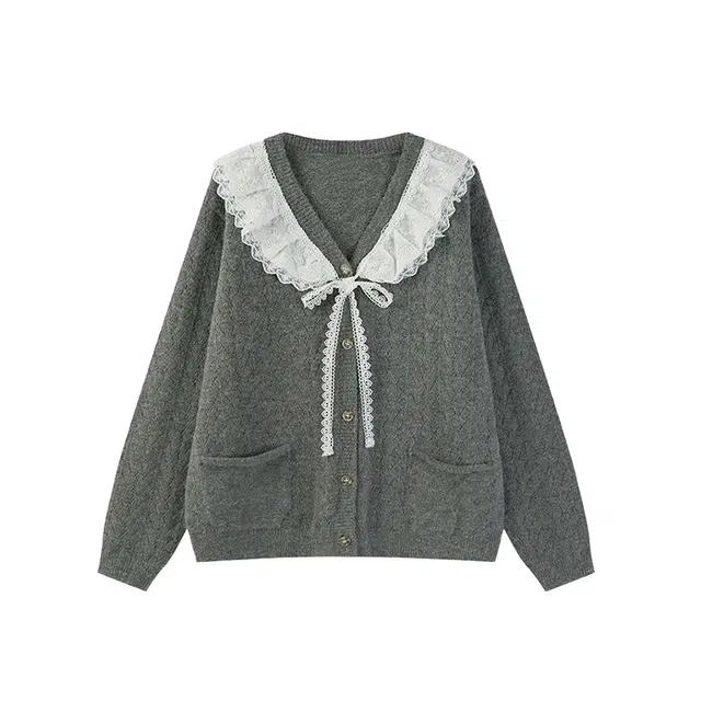 桴生 娃娃领毛衣长袖春秋季蕾丝拼接宽松上衣外套针织衫 女款