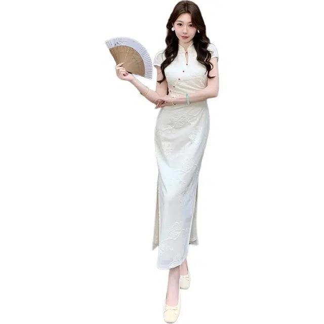 水中花 国风新中式绣花扣子气质修身旗袍长裙短袖连衣裙 女款