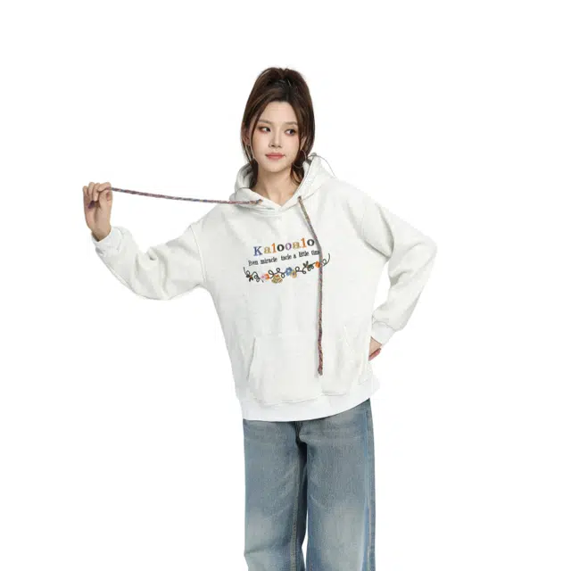 柏黛妃 花灰色连帽带帽长袖套头美式复古宽松帽衫卫衣 女