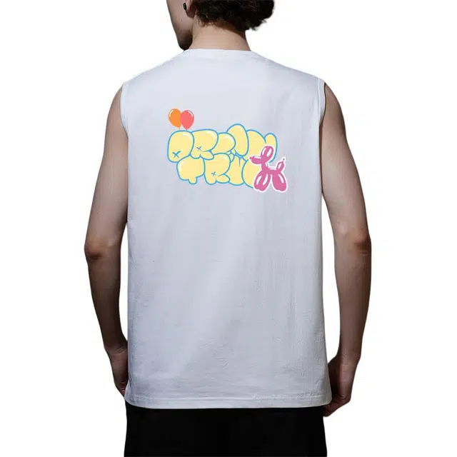 棉基因 宽松圆领排汗透气纯棉外穿打底衫纯色卡通童趣可爱趣味简约气球背面宠物狗印花坎肩无袖背心 男女同款