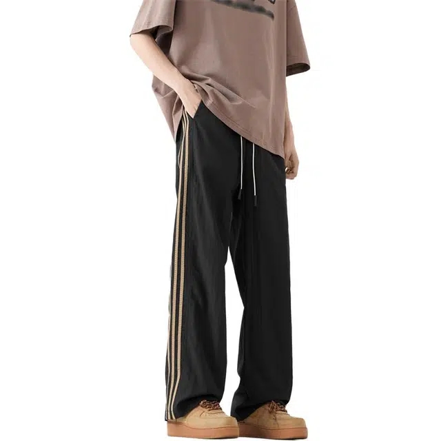 顶峰保罗 复古条纹冰丝速干透气直筒长裤无性别主义潮牌宽松小众百搭运动垂感阔腿休闲裤 男女同款