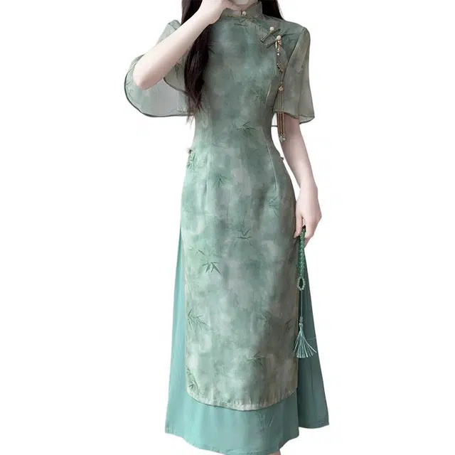 敲模女孩 新中式国风改良旗袍复古百搭少女感修身拼接气质高级感短袖连衣裙 女款