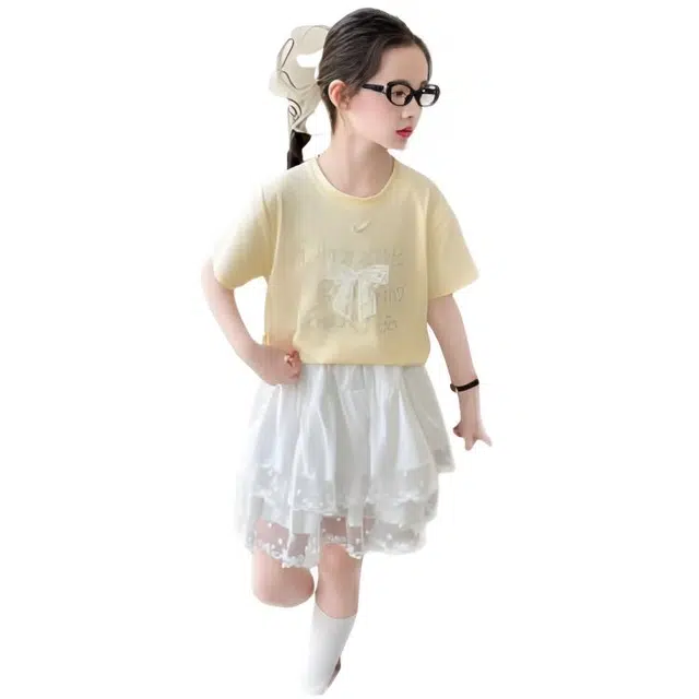 天才小熊休闲运动套装 女童夏季大童潮牌小孩衣服 小女孩蝴蝶结短袖洋气时髦 漂亮 甜美 儿童款