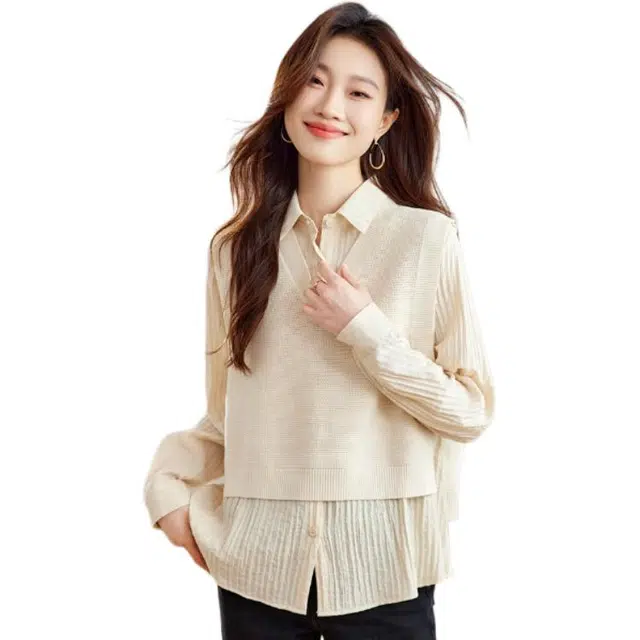 曲韩 纯色通勤长袖衬衫 女款