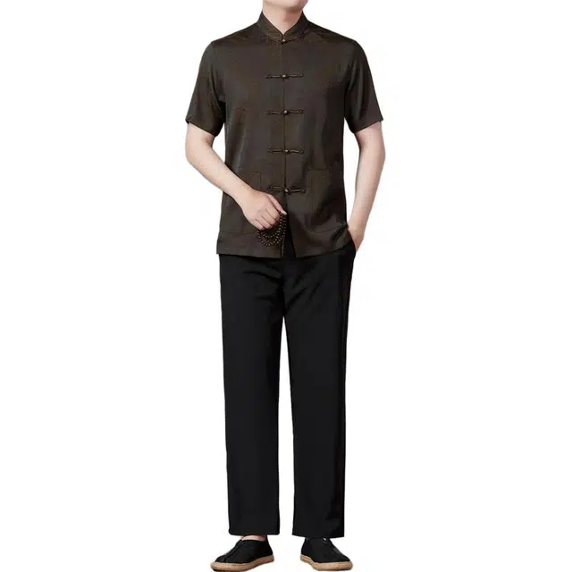 大白鲨 中年复古短袖长裤立领冰丝中式衬衫薄款宽松两件套唐装爸爸装休闲运动套装 男款