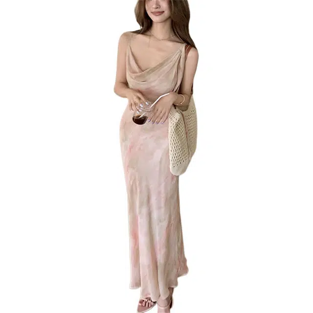 思蓓儿 度假风荡领雪纺印花飘带包臀裙长裙吊带连衣裙 女款