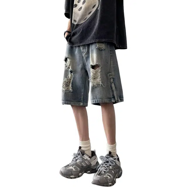 沃马 美式高街学院百搭简约复古五分牛仔短裤 男女同款