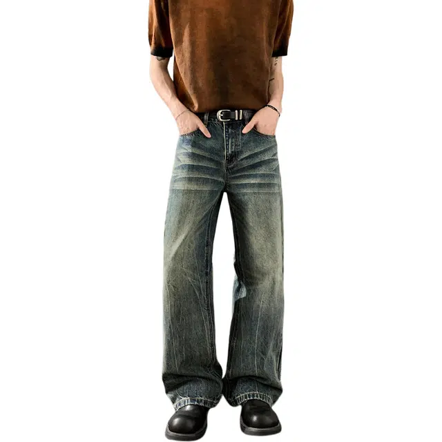 瑞梵帝斯 美式高街风复古做旧微喇水洗基础简约舒适透气休闲百搭垂感中腰牛仔裤 男款