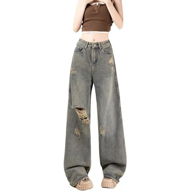黛尔佳人 怀旧破洞直筒薄款设计感百搭宽松高腰阔腿长裤牛仔裤 女款