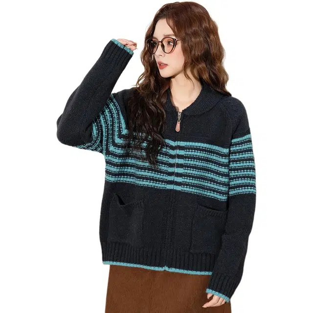 法文箱子 撞色条纹翻领百搭拉链长袖毛衣 女款
