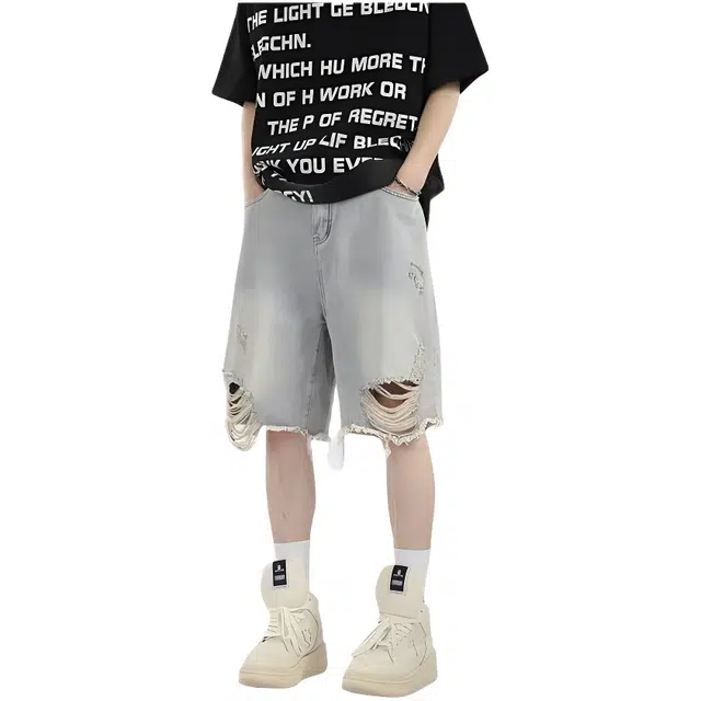 木木兔 美式破洞水洗复古潮牌高街痞帅休闲百搭小众时尚设计感五分裤牛仔短裤 男款