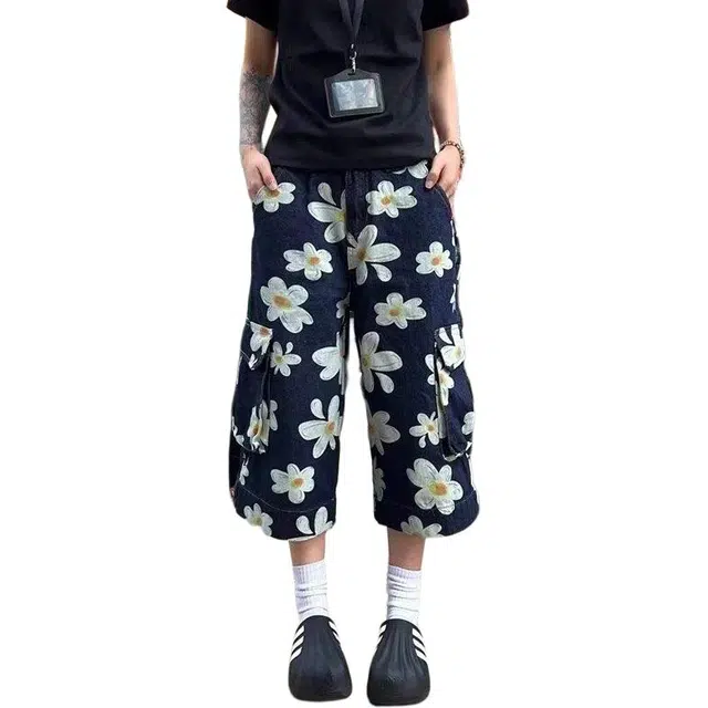 拓菲 美式复古邹菊印花工装七分裤街头设计感阔腿牛仔短裤 男女同款