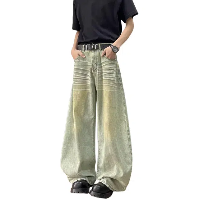 沃马 美式复古做旧简约牛仔裤 男女同款 蓝色