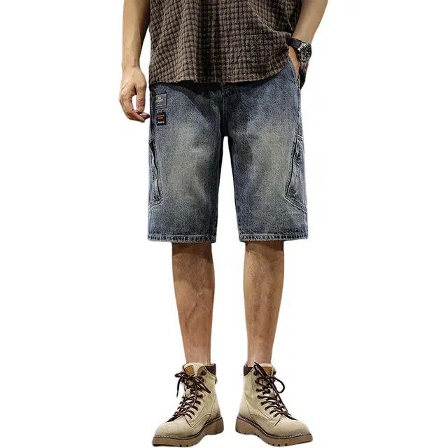 前进牛 美式机能复古潮牌做旧雪花洗多口袋纯棉工装牛仔美式复古直筒休闲短裤 男女同款