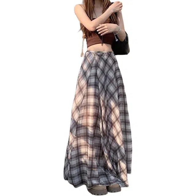 如续 美式复古高腰不规则半身裙格子垂感透气清凉百搭气质裙休闲长裙 女款