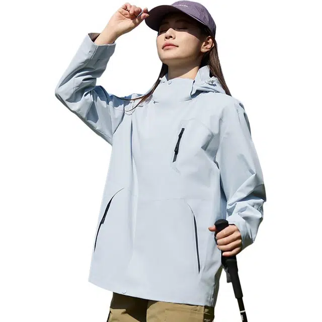 木林森 户外登山服防风防水可拆卸帽夹克外套 男女同款 冰川蓝