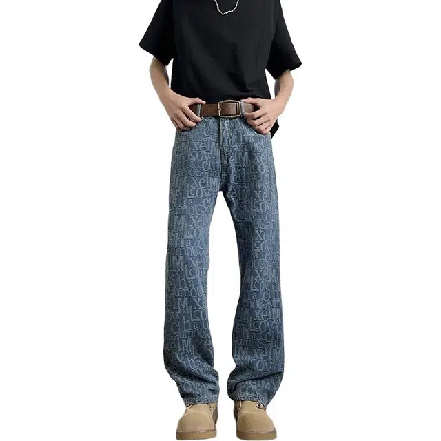 沃马 美式复古做旧提花潮牌高街休闲时尚百搭牛仔裤 男女同款