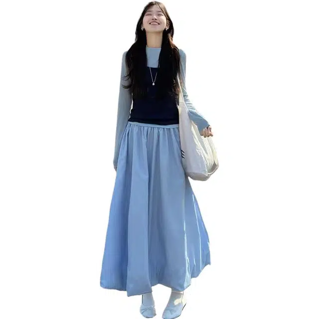 怪力萝莉 蓝色花苞蓬蓬裙女夏季薄款高腰显瘦小个子冰丝灯笼半身裙休闲长裙 女款