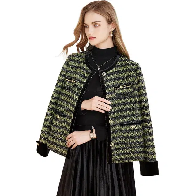 她池 法式圆领撞色粗花呢夹克外套 女 黑绿格纹