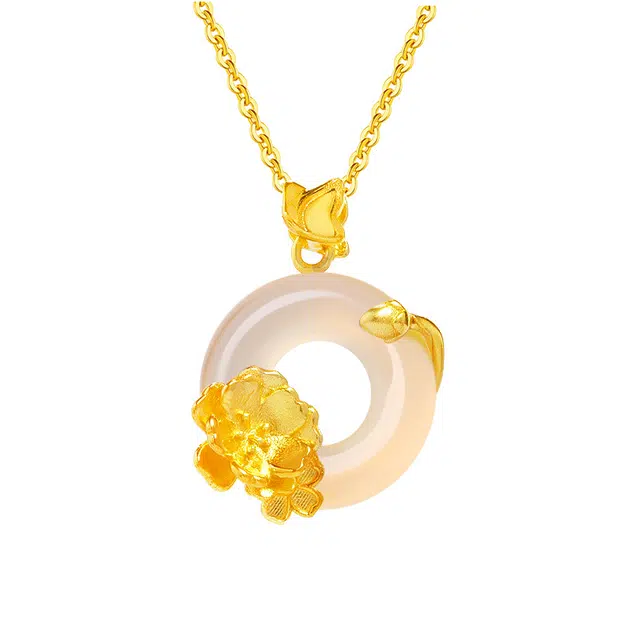 金大福 桃你喜欢平安扣 新中式国潮甜蜜告白招财旺桃花平安纳福转运十二花神守护逃之夭夭纯银小众锁骨链 #好运 玉髓 项链 女款