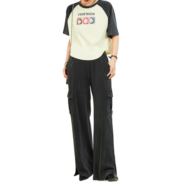 木果果木 开叉中腰阔腿长裤休闲裤 女款 复古黑