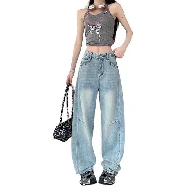 玫丝朵 高腰拼接阔腿宽松垂感拖地牛仔裤 女款