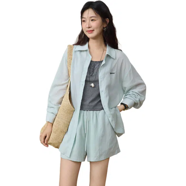 谜秀 薄荷绿亚麻三件套清爽感衬衫套装 女款