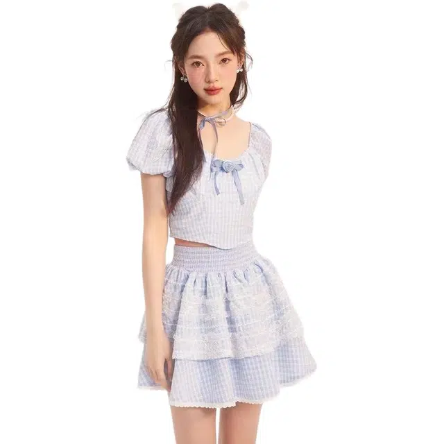 哒头下雨不愁 法式甜美芭蕾风格子泡泡袖简约舒适半身裙裙装套装 女款 浅蓝色