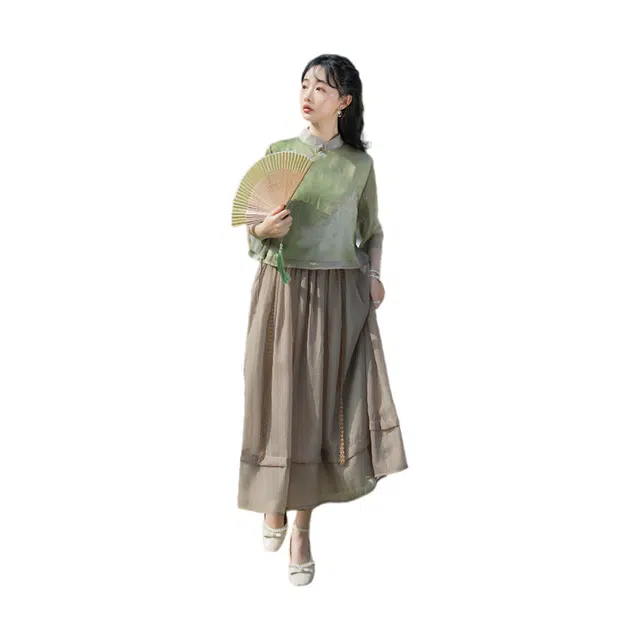 荟萃阁 新中式东方古典立领盘扣改良国风上衣搭配中国风半身裙两件套裙装套装 女款
