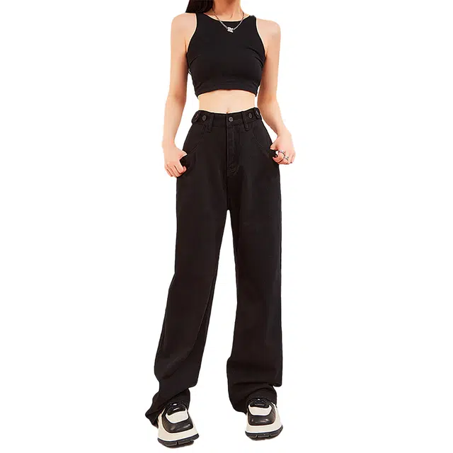 木果果木 美式复古纯色阔腿宽松牛仔裤 女款