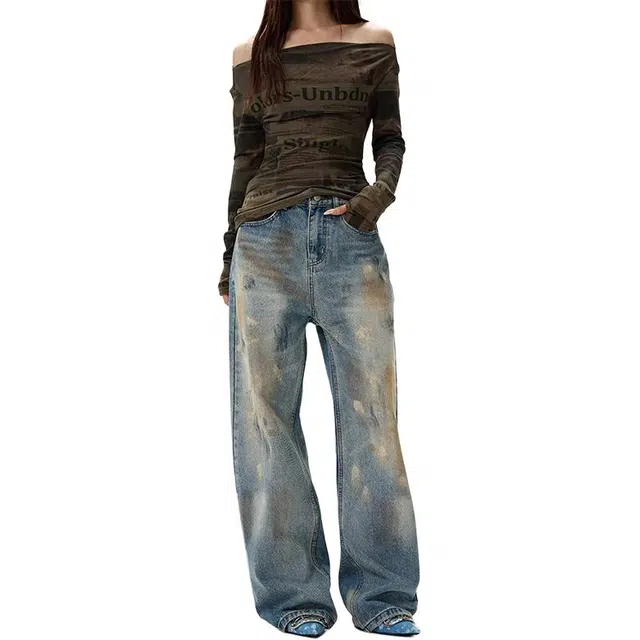 极限涡轮 美式高街慵懒松弛感水洗高街设计感废土风泼墨脏脏牛仔裤 男女同款