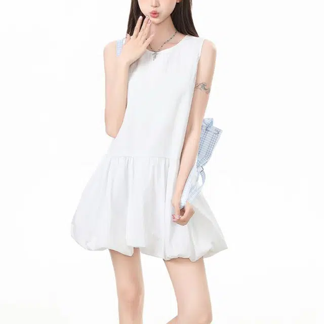 么宁 韩系宽松显瘦简约甜美圆领无袖连衣裙 女款