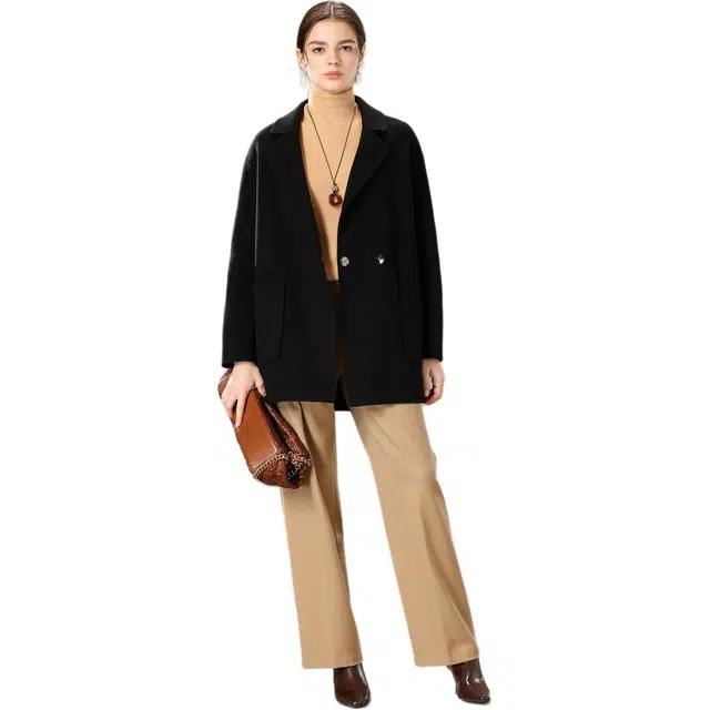 粉红玛琍 纯色双面呢气质简约大衣 女款 黑色