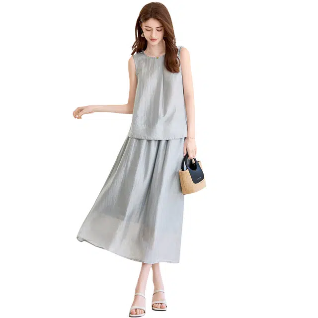 她池 休闲背心搭半身裙两件套正反两穿裙装套装 女款