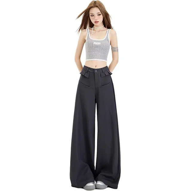 玫丝朵 美式小众荷叶边工字褶设计感时尚简约百搭宽松直筒阔腿拖地休闲裤 女款