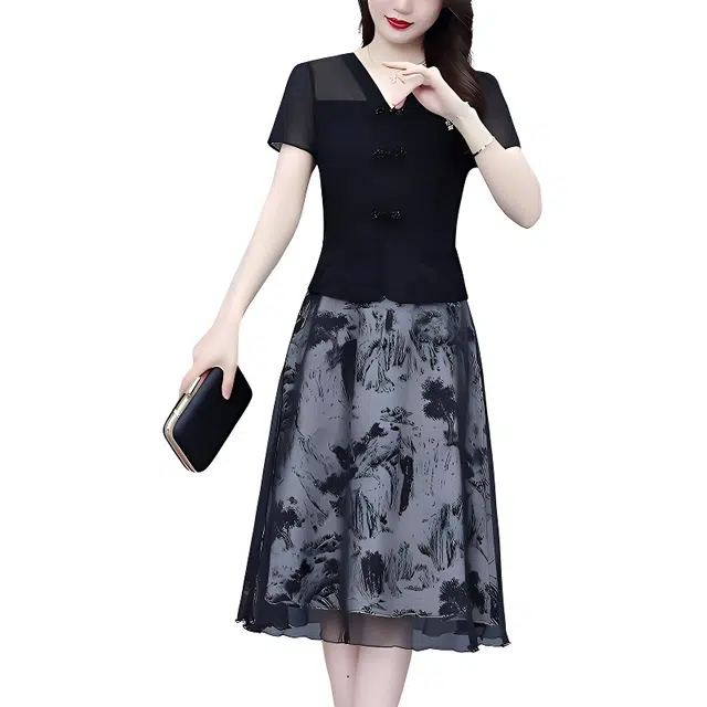 水中花 洋气中老年女夏季贵夫人短袖连衣裙 女款