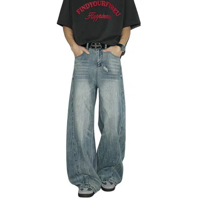 宝米卡 美式复古水洗破洞高级感痞帅宽松阔腿牛仔裤 男女同款 蓝色