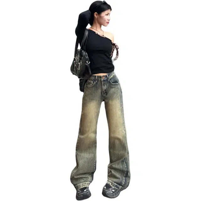 玫丝朵 高腰条纹做旧百搭修身微喇牛仔裤 女款 泥黄色