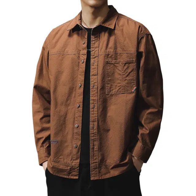 贵色 春季 出行游玩休闲质感衬衣外套开学季美式百搭学院风高端重磅砂洗珠帆布工装长袖衬衫 男女同款