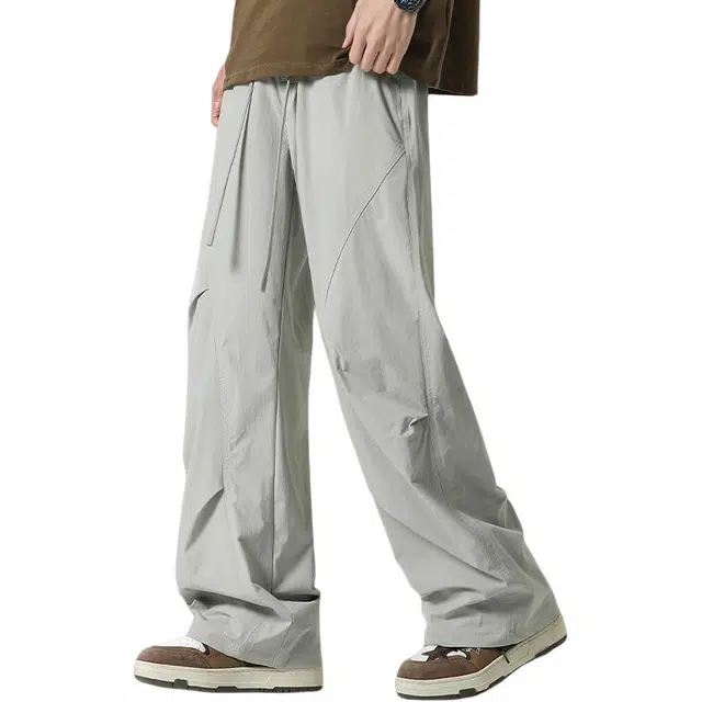 童先森 阔腿工装裤夏季薄款冰丝痞帅褶皱伞兵裤舒适百搭宽松薄款纯色直筒休闲裤 男款