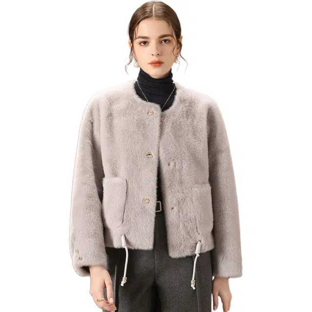 粉红玛琍 气质名媛单排扣纯色百搭长袖皮草 女款 灰色