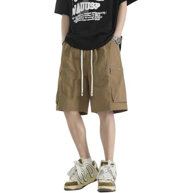 左岸 夏季轻薄款美式纯色宽松休闲直筒系带松紧腰中裤拉链大口袋百搭五分裤工装短裤 男款