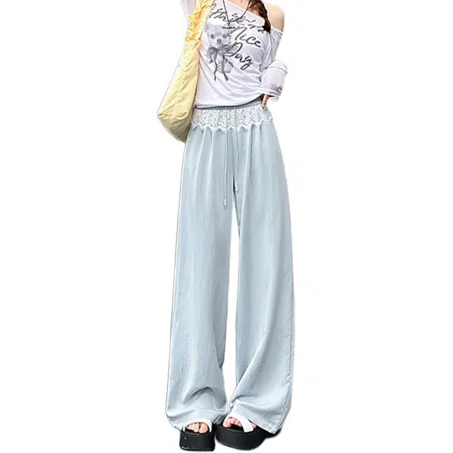 如续 夏季蕾丝边潮流元素高腰宽松阔腿裤休闲裤 女款