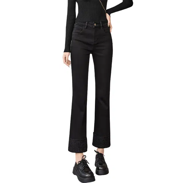 她池 水洗复古气质合身直筒厚款牛仔裤 女款 黑色