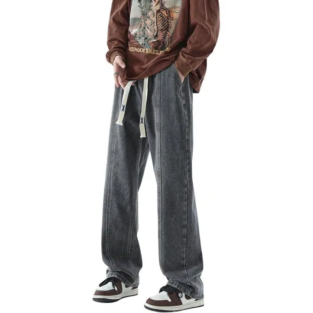极限涡轮 潮牌拼接直筒宽松美式高街休闲系带刺绣水洗百搭牛仔裤 男女同款