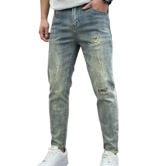 吉肯蒂 潮牌韩版破洞做旧破洞高街时尚九分裤牛仔裤 男款