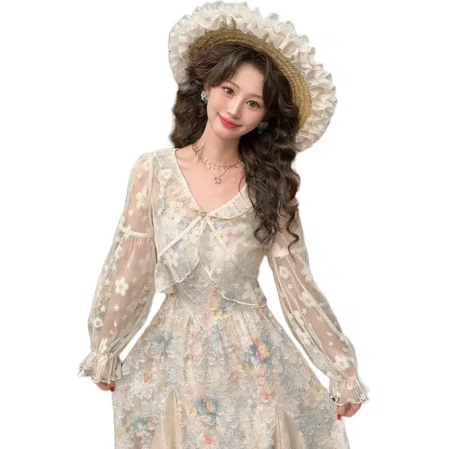 敲模女孩 甜美纯欲风碎花收腰气质蕾丝拼接大裙摆吊带裙防晒开衫海边度假风裙装套装 女款